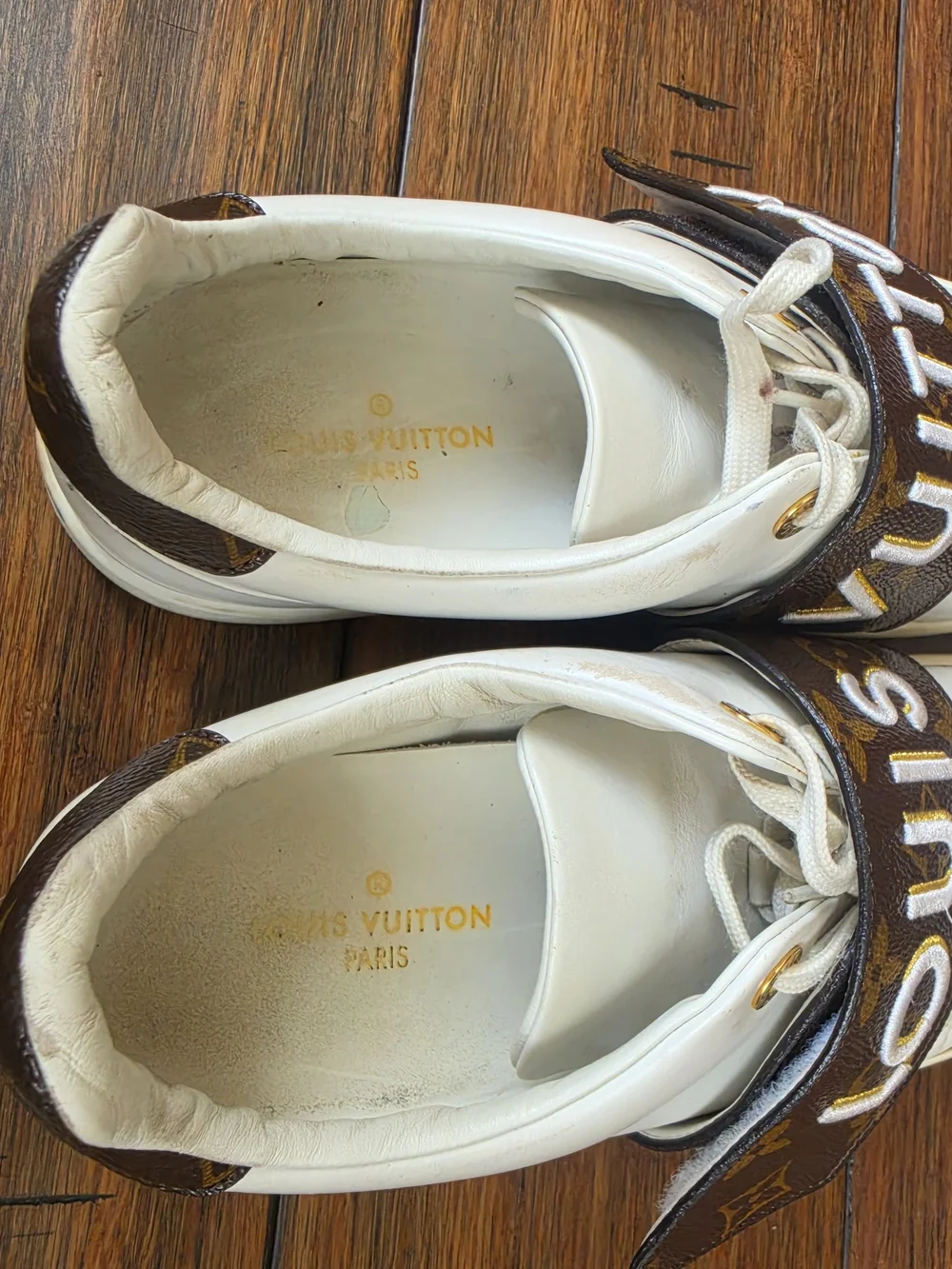 Louis Vuitton White Leather Low-Top Sneakers with Monogram Strap